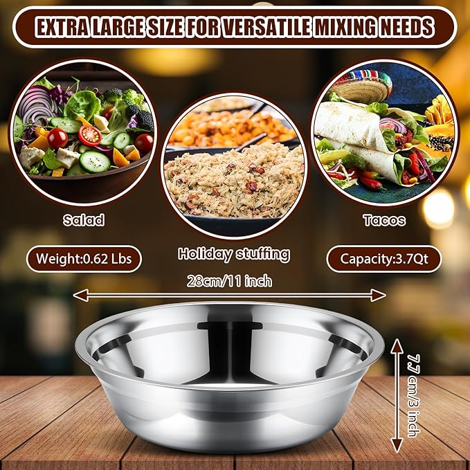 Nuogo 4 Pcs Stainless Steel Mixing Bowls Metal Mixing Bowls Extra Large Basin Salad Basin Deeper Edge Dishwasher Safe Mirror Finish for Home and Commercial, Silver (11 Inch 3.4 Qt)