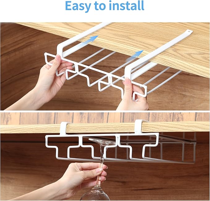 Wine Glass Rack Under Cabinet Drilling Free No Screw Steamware Holder Under Shelf Metal Wine Glasses Holders 304 Stainless Steel Hanger Storage Organizer Hanging Glass Fit for Bar Kitchen 4 Rows White
