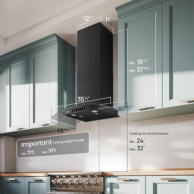 Black 36 inch Wall Mounted Range Hood Glass 900 CFM, Stainless Steel Kitchen Hood Vent with Gesture/Touch Controls, 3-Speed Exhaust Fan and Stainless Steel Baffle Filter, 2 LED Lights