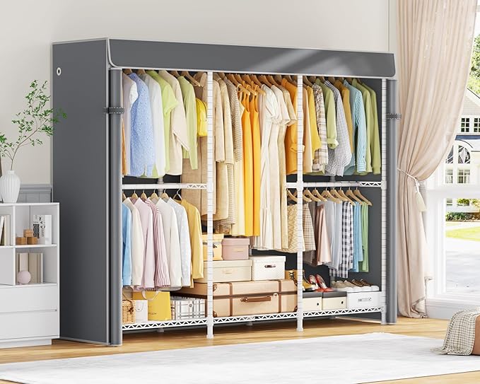 E14C Heavy Duty Closet Organizer System，Freestanding Clothing Racks for Hanging Clothes，Adjustable Garment Rack 70.1" W × 16.6" D × 76.4" H Hold 960 lbs，White Rack with Grey Dustproof Cover