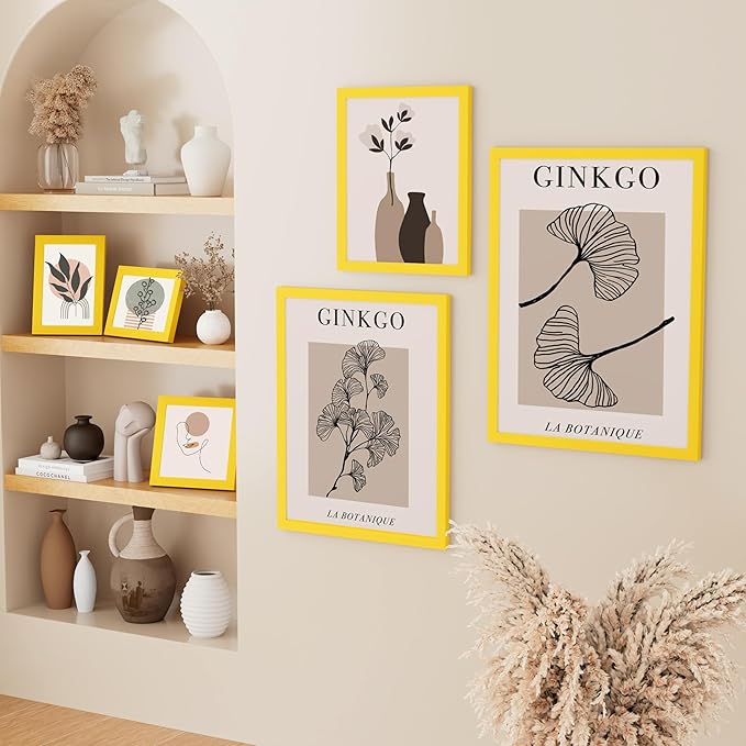 Vittanly 12x16 Picture Frame, Solid Wood Frame with Plexiglass, Includes 8.5x11 Mat, Wall Hanging for Photos, Home Decor, Yellow, 1 Pack