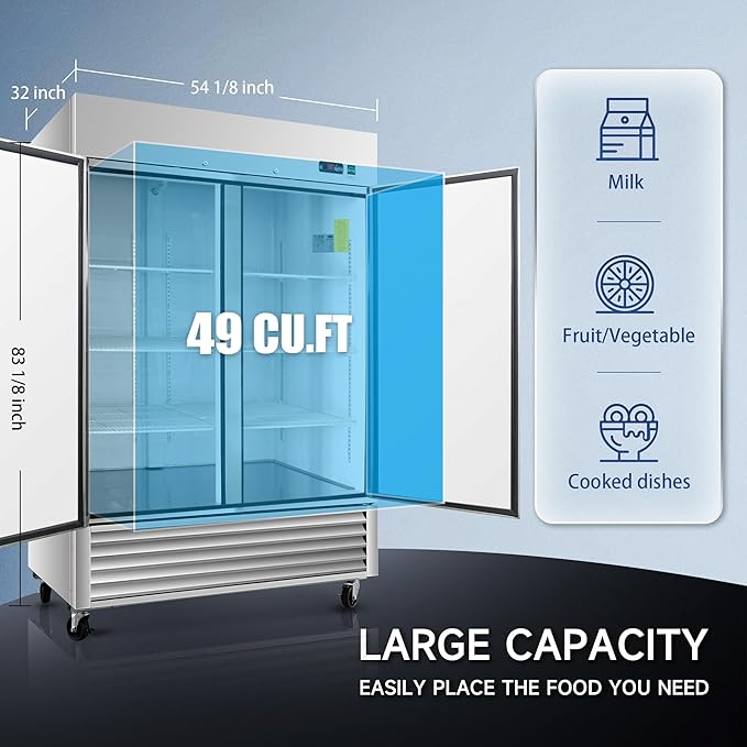 54"W Commercial Refrigerator,49 Cu.ft Commercial Refrigerator with 2 Stainless Steel Solid Door ,ETL Upright Freeze Storage w/ 6 Adjustable Shelves,Auto Defrost,for Restaurant,Bar,Shop,Silver