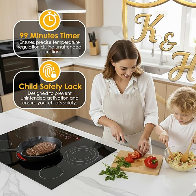K&H 4 Burner Electric Cooktop - 24 Inch Built-In Radiant Ceramic Stove Top - 9 Power Levels & Touch Control, Compatible with All Cookware, 240V, 8600W High-Power Built-in Electric Stove, CE24-7206SL