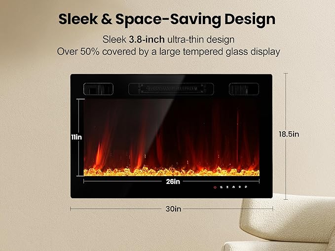 Electric Fireplace Insert 30" Realsmart 1500W Wall Mounted Fireplaces Recessed Heaters,Fit for 2 X 6 stub, Remote Control Slim Black Fireplace Touch Screen Timer 12 Flame Colors LED Decor Low Noise