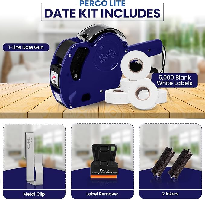Perco Lite 1 Line Dater Gun Kit - Includes 5,000 Blank White Labels, 2 Ink Rollers, 1 Ink Roll and Labels Pre-Loaded