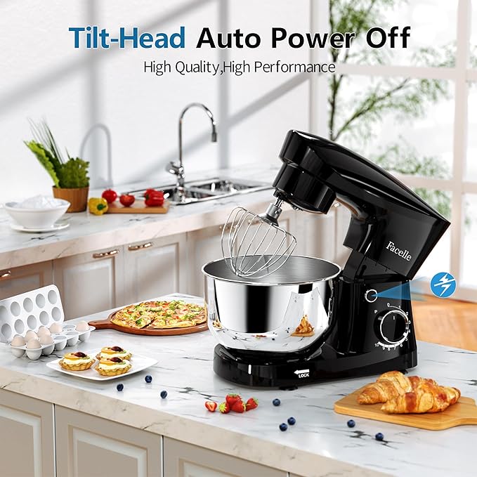 Facelle Stand Mixer, 10-Speed 6QT Kitchen Electric Mixer, Tilt-Head Food mixer with Beater, Dough Hook, Wire Whip and Egg Separator, scraper for Most Home Cooks (Black)