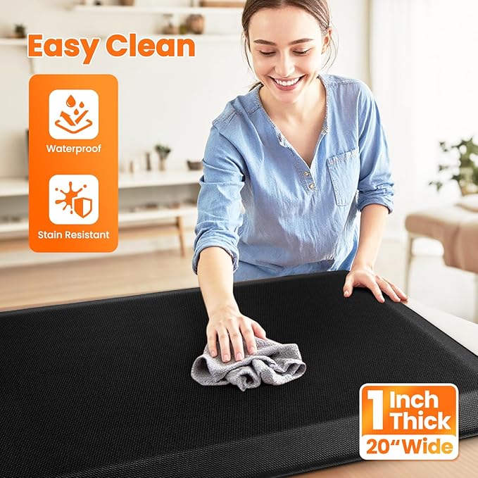 Kitchen Mats for Floor, 1 Inch Extra-Thick Kitchen Rugs, Non-Slip & Waterproof Standing Desk Mat, Comfort Anti Fatigue Mats for Kitchen Floor, Home, Sink, Office (20" X 39", Black)