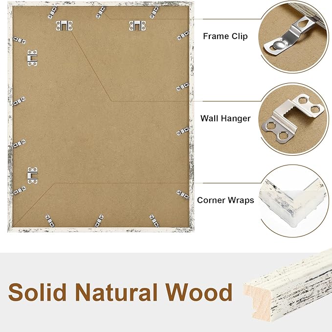 Vittanly 16x20 Picture Frame, Solid Wood Frame with Plexiglass, Includes 11x14 Mat, Wall Hanging for Photos, Home Decor, Distressed White, 1 Pack