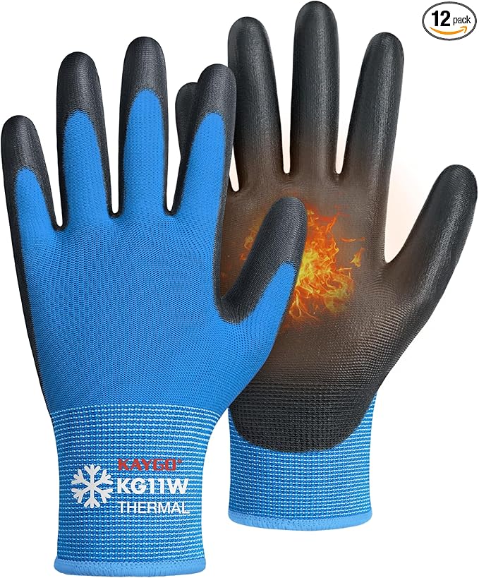 KAYGO Winter Work Gloves for Men and Women, 12 Pairs Thermal Insulated Safety Work Gloves PU Coated, Smooth Grip on Palm & Fingers,Ideal for Freezer Work,Blue,L