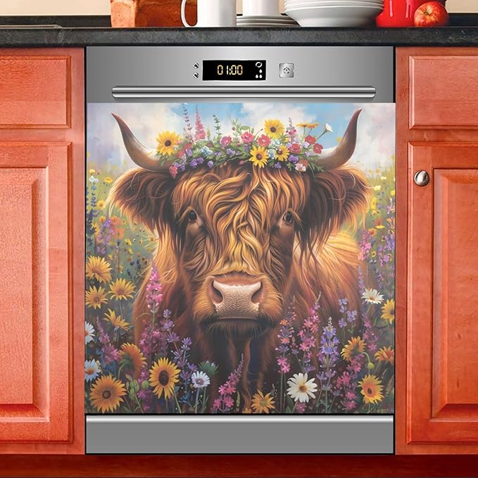 Highland Cow Summer Flowers Dishwasher Magnet Cover Sticker Magnetic Refrigerator Panel Front Door Fridge Microwave Decal