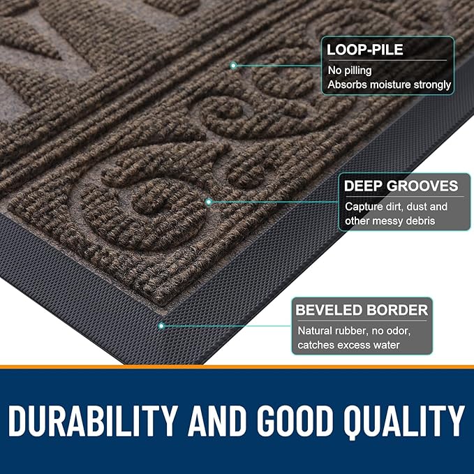 OLANLY Welcome Door Mat Indoor Outdoor Entrance, Heavy Duty Sturdy Front Door Mat, Waterproof All-Weather Doormat, Stain Resistant, Low Profile, Easy Clean Patio Entryway Mat, 59 x 35, Medium Brown
