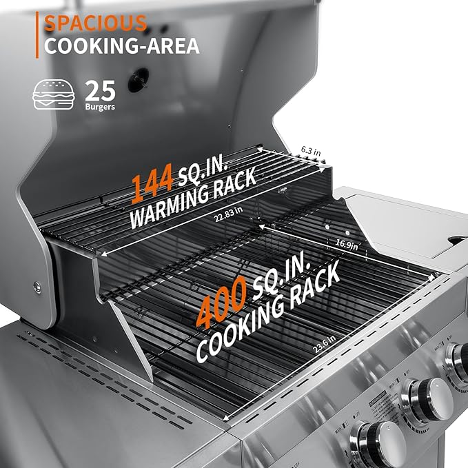 SKOK 4-Burner Propane Gas BBQ Grill with Side Burner & Porcelain-Enameled Grilling Grates,Stainless Steel Grill with 544 Sq. In. Grilling Area for Outdoor Cooking,58,000 BTU Output