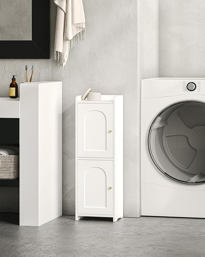 Bathroom Storage Cabinet, Small Corner Floor Cabinet with 2 Doors and Adjustable Shelf, Narrow Toilet Paper Cabinets, Bathroom Organizer for Small Spaces, 7.9" D x 9.8" W x 29.5" H White