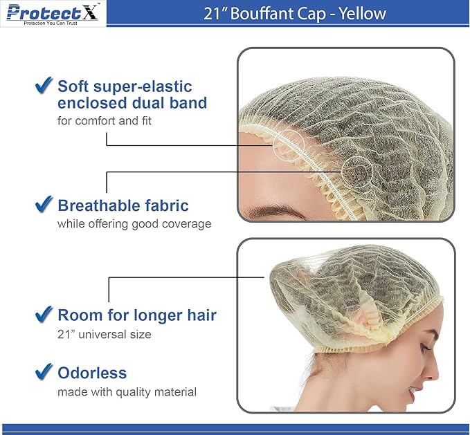 ProtectX 100-Pack Yellow Disposable Hair Nets, Elastic Head Cover, Bouffant Caps, Sanitation Head Cover for Food Service, Spa Men & Women - 21 inch