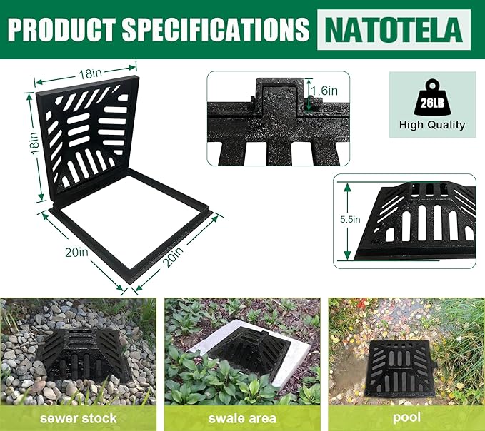 Ductile Iron Atrium Grate and Frame,18x18in Square Beehive Catch Basin Inlet, Metal Overflow Relief Gully Grates for Yard,Heavy Duty Swale Drain Grates Bolted with Base(Frame Size 20x20in)