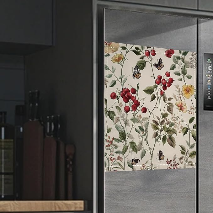 Magnetic Dishwasher Cover,Vintage Flower Reusable Dishwasher Magnetic Cover Butterfly Berry Decorative Door Covers Panel for Home Kitcen 23" x 26"