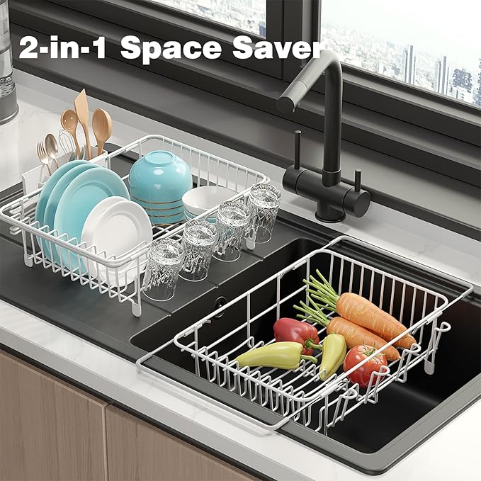 Dish Drying Rack in Sink: Expandable, 3-Slot Utensil Holder, Anti-Slip Handle. Small Dish Rack: Ideal for Small Households. Kitchen Drying Rack: White