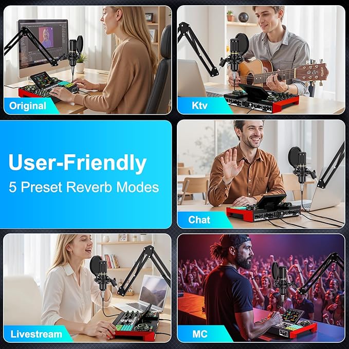 tenlamp Podcast Microphone Bundle with Live Sound Card Audio Mixer, Podcast Equipment Bundle with 3.5mm Boom Mic for Pc/Phone Live Streaming Singing Gaming, Sound Board with Voice Changer, Denoise