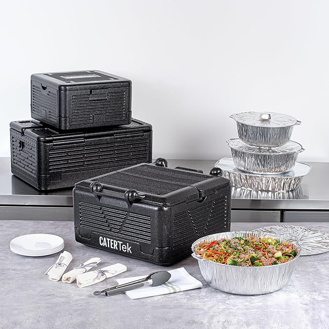 Restaurantware-Cater Tek 25 Quart Catering Hot Box, 1 Top Load Insulated Food Pan Carrier - Holds 1 Full Size 8” Deep Pan, Collapsible, Black EPP Plastic Food Box With Handles, Portable, For Buffet