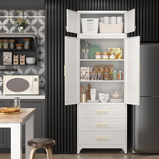 Kitchen Pantry Cabinet，90" Storage Cabinets with Doors and Shelves,Metal Pantry Cabinet with 3 Drawers,White Kitchen Cupboard for Livingroom,Pantry, Bathroom