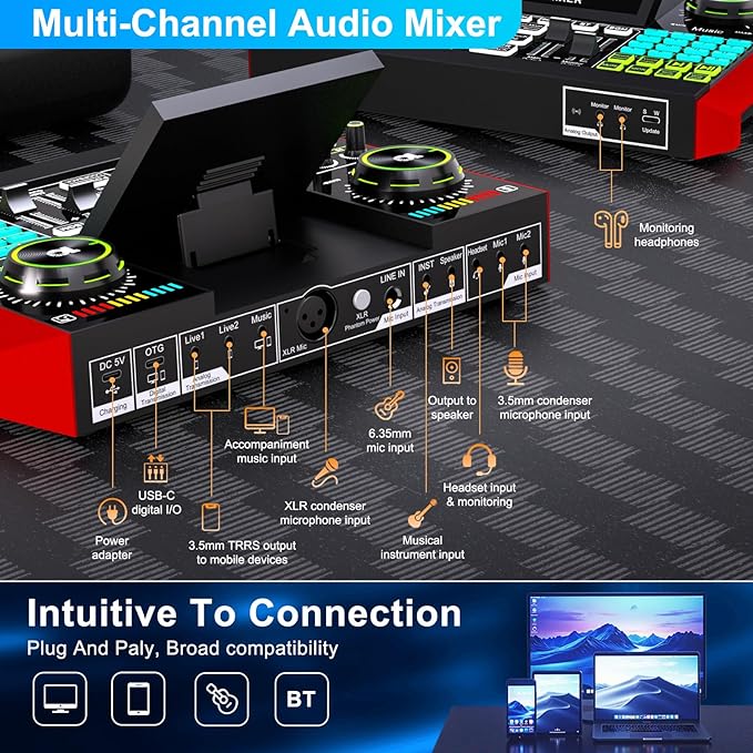 Podcast Equipment Bundle with 3.5mm Condenser Microphone for Pc/Phone Live Streaming Singing Gaming, Podcast Microphone Bundle with Live Sound Board Audio Mixer Denoise,DJ Sets