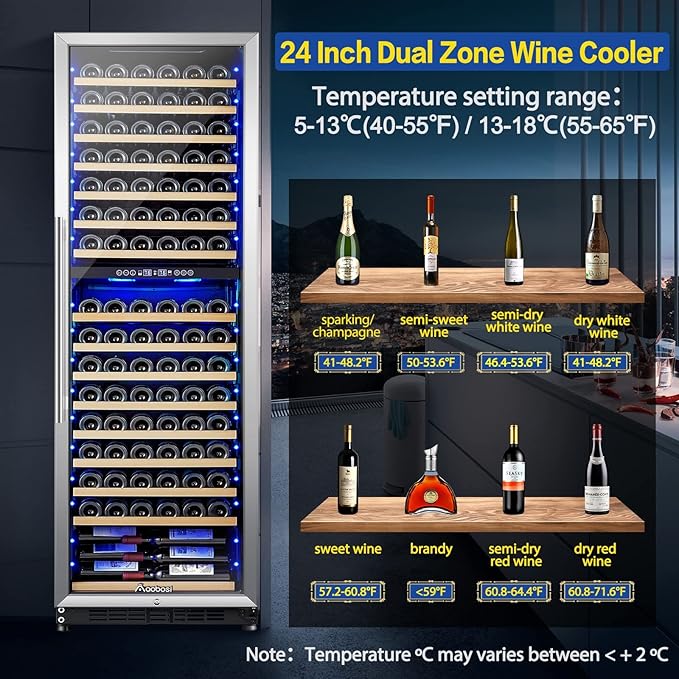 AAOBOSI Wine Cooler Dual Zone 24 Inch, 176 Bottles Wine Refrigerator, Freestanding Wine Fridge with Intelligent Temperature Memory & Humidity Control Compressor Cooling, Quiet Operation