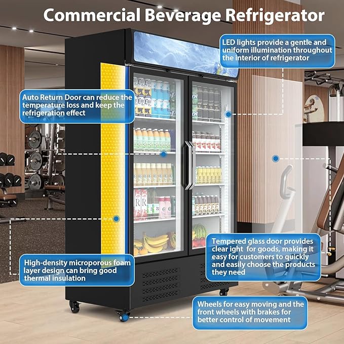 PeakPursuit 36.3 Cu.ft Commercial Beverage Refrigerator, Glass Door Upright Display Cooler, LED Light, Double Swing Doors, Adjustable Shelves, for Store, Restaurant, Bar, Office, Home
