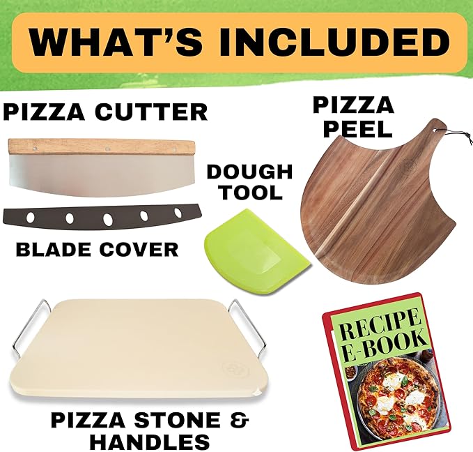 Pizza Stone for Oven and Grill Set - 5PCS Pizza Making Accessories Kit - 15 inch Pizza Stone with Handles, Pizza Peel, Pizza Cutter, Dough Tool - Baking Stone for Bread - Large Rectangular Oven Stones