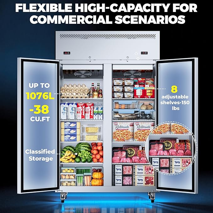 Commercial Refrigerator and Freezer Combo, 48" W 2 Door Dual Temperature Zones Freezers, 39 Cu.ft Commercial Refrigerators with 8 Adjustable Shelves for Restaurant Shop Bar