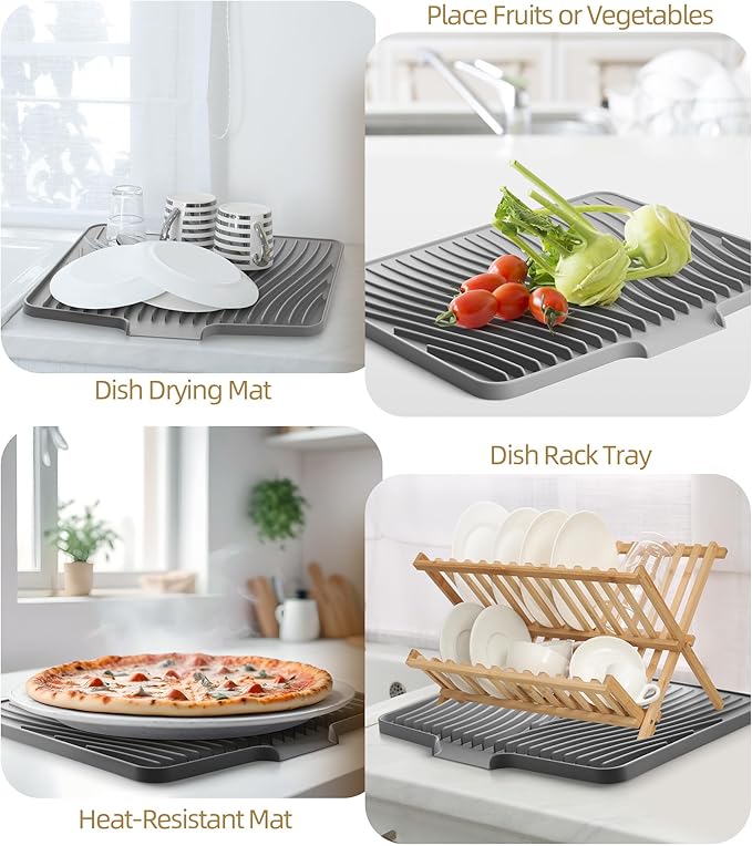 Fuyit Silicone Dish Drying Mat with Raised Drain Lip, Inclined Design, 16" x 13" Heat Resistant Non-Slip Mat for Kitchen Counter or Sink (Gray）