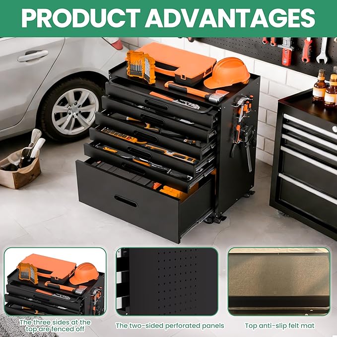 Garage Storage Cabinet,6 Drawer Metal Rolling Tool Cabinet with 2 Pegboard and 10 Hook,Heavy Duty Mechanics Tool Chest Storage for Workshop, Basement,Warehouse,Include Workbench Liner,Black