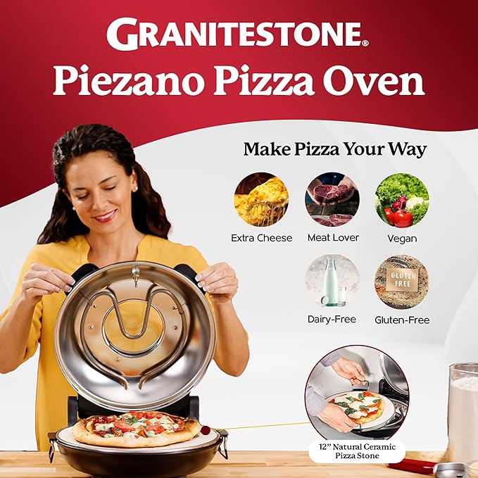 PIEZANO Crispy Crust Pizza Oven by Granitestone – 12 Inch Electric Pizza Oven Indoor Countertop Maker with Ceramic Stone Heats up to 800˚F for Stone Baked Pizzeria Style at Home As Seen on TV Products