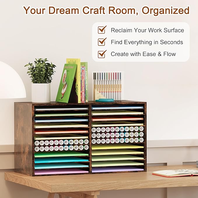 EasyPAG Scrapbook Paper Storage Organizer for Craft Room, 12x12 Paper Storage Desk Shelf, 24 Slot Adjustable File Sorter for Office School Classroom, Antique