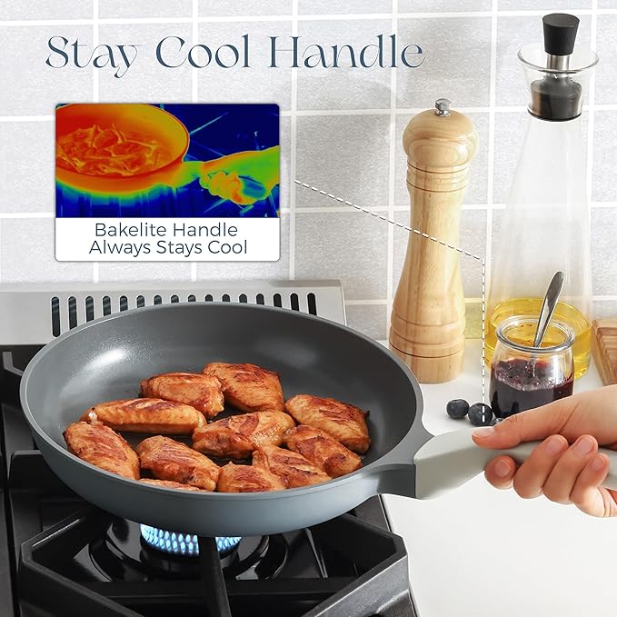 PRICUSIS Nonstick Ceramic Frying Pan Skillet, 8+10 Inch Induction Compatible with Stay Cool Handle, Healthy PTFE PFAS & PFOA Free Omelet Pan, Dishwasher Safe (Blueberry Gray)