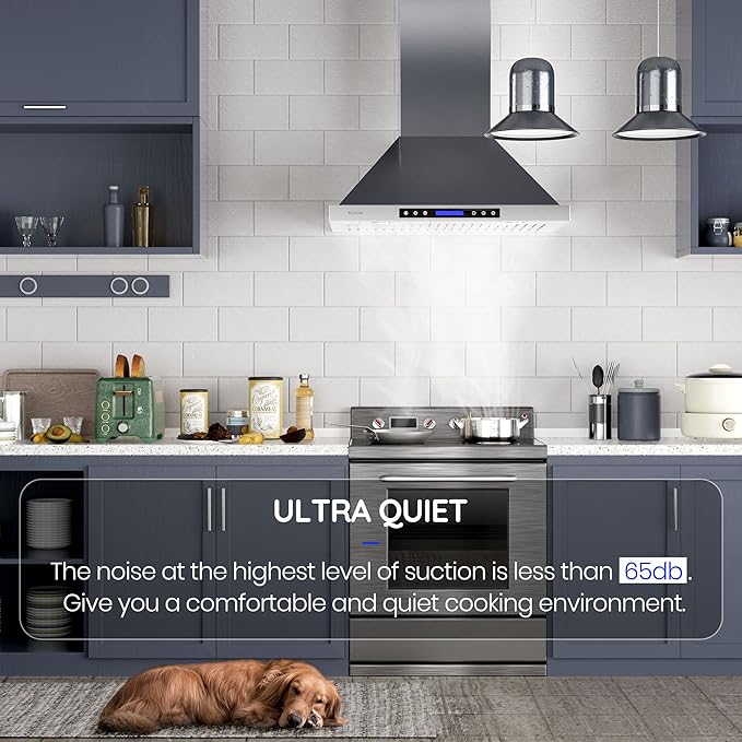 Range Hood, EKON Wall Mount Hood 900 CFM Kitchen Hood Vent 4 Speeds Touch Control LCD Display With Remote /3 Pcs Baffle Filters / 2 Pcs 3W Led Lamp/Vent-less or Recirculation Operation (NAP02-36IN)