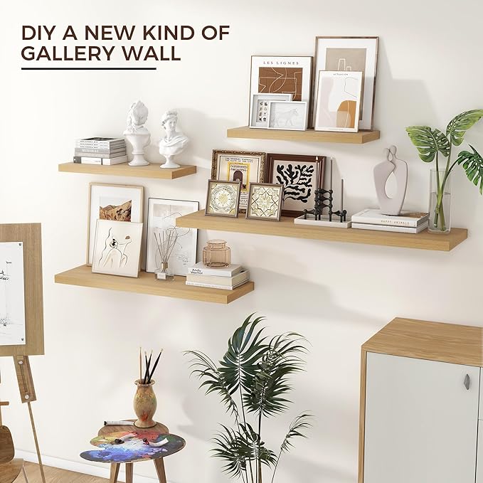 Floating Shelves for Wall 24"W x 6.7"D x 1.37"H, Engineered Wood Wall Shelves with Invisible Brackets for Living Room Bedroom Bathroom Office Kitchen Decor and Storage, Oak Finish, Set of 2