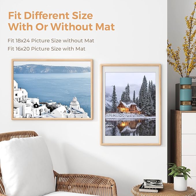 Axeman 18x24 Oak Frame - Rounded Corner 18 x 24 Picture Frame Matted to 16x20 - Natural Oak Wood 24x18 Poster Frame with Tempered Glass for Wall Mount Display