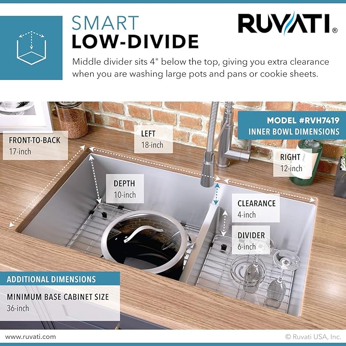 Ruvati 33-inch Low-Divide Undermount Tight Radius 60/40 Double Bowl 16 Gauge Stainless Steel Kitchen Sink - RVH7419