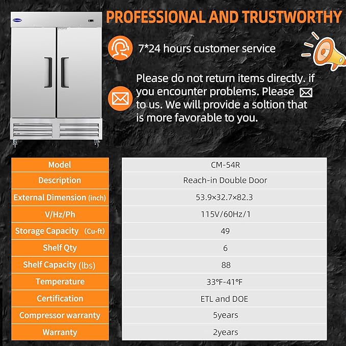 54" W Commercial Refrigerator with 2 door Stainless Steel 49 Cu. Ft Reach-in Refrigerator 6 Adjustable shelves Fan Cooling Fridge for Restaurant, Commercial Kitchen, Shop, ETL Certification