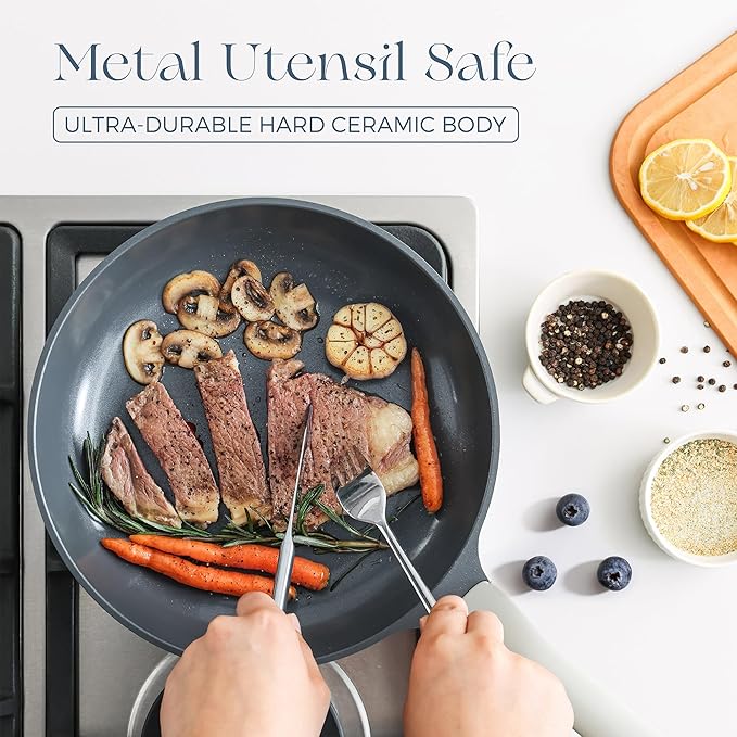 PRICUSIS Nonstick Ceramic Frying Pan Skillet, 10+12 Inch Induction Compatible with Stay Cool Handle, Healthy PTFE PFAS & PFOA Free Omelet Pan, Dishwasher Safe (Blueberry Gray)