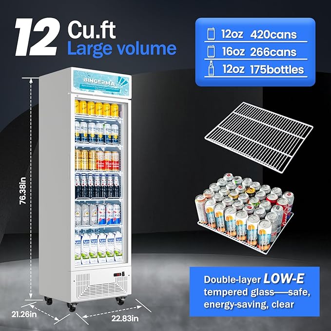 Commercial Display Refrigerator with Glass Door 12 Cu.ft Merchandiser Beverage Cooler Bar Black Drink Fridge for Convenience Stores, Supermarkets,Bars,Offices White