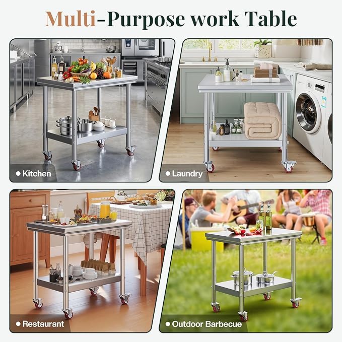 Jocisland 24" x 36" Stainless Steel Table for Prep & Work with Wheels, Adjustable Under Shelf & Safe Design for Restaurant, Home and Outdoor