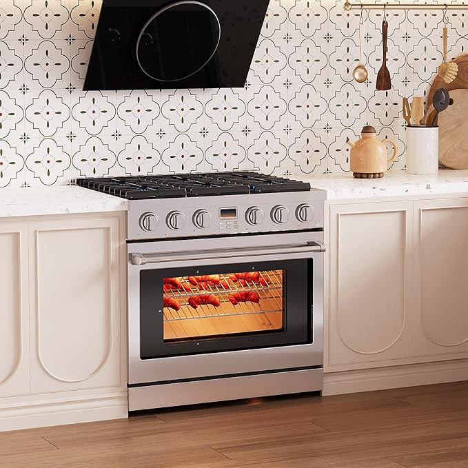 36 Inch Freestanding Dual Fuel Range Oven Stove, 6.0 Cu.Ft, Stainless Steel Electric Convection Oven with Self Clean, 6 Sealed Gas Burner for Home and Commercial Use