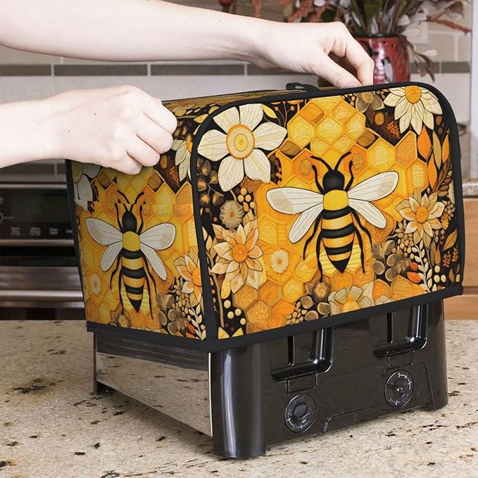 Toaster Cover 2 Slice with Pockets, Flowers And Honey Bee Vintage Yellow Print Kitchen Accessories Decor Bread Maker Oven Protector Covers Dust Proof Fingerprint Covers