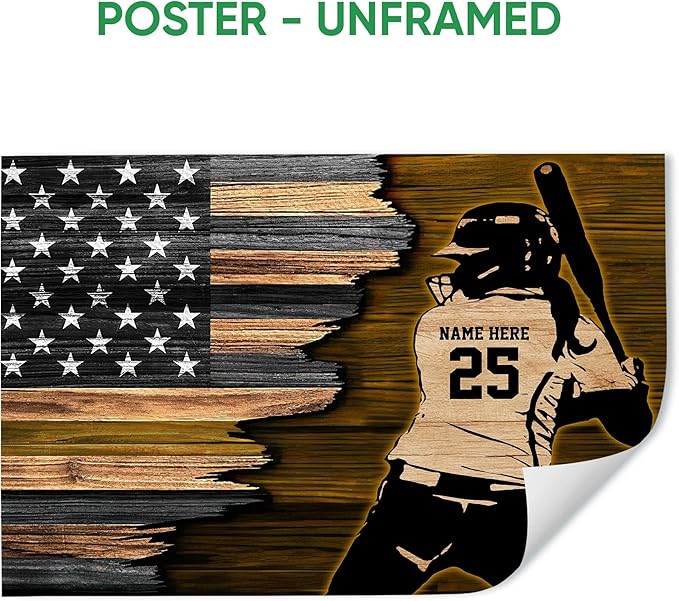 Personalized Softball Poster & Framed Canvas, Softball Player American Flag - Inspirational Quote Motivational Home Office Decor, Custom Name Number Bedroom Living Room Aesthetic Wall Art