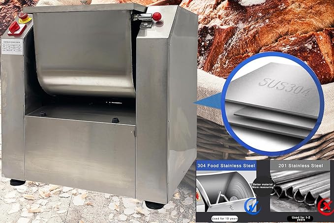 TECHTONGDA Commercial Dough Mixer All Stainless Steel Pizza Dough Mixer 110V Dough Blender Kneading Machine with 25 KG Kneading Capacity and 90 Degree Tilt for Schools Bakeries Restaurants Pizzerias
