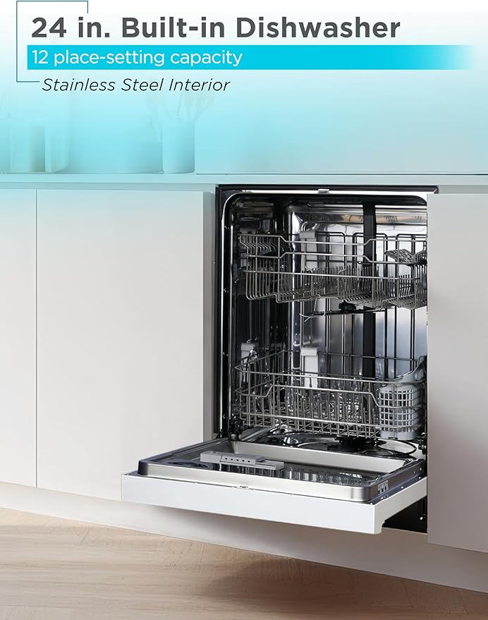 BLACK+DECKER 24" Built-In Dishwasher, 12-Place Setting Capacity with Stainless Steel Tub, Dish Washer with 6 Wash Programs, Low Noise, ENERGY STAR Certified, BDW200MW, White
