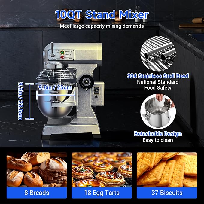 EKway10Qt Commercial Food Mixer with Timing Function,500W Industrial Stand Mixer 3-Speed Adjustable & Stainless Steel Bowl,Heavy Duty Dough Mixer for Bakery Pizzeria. (Standard)