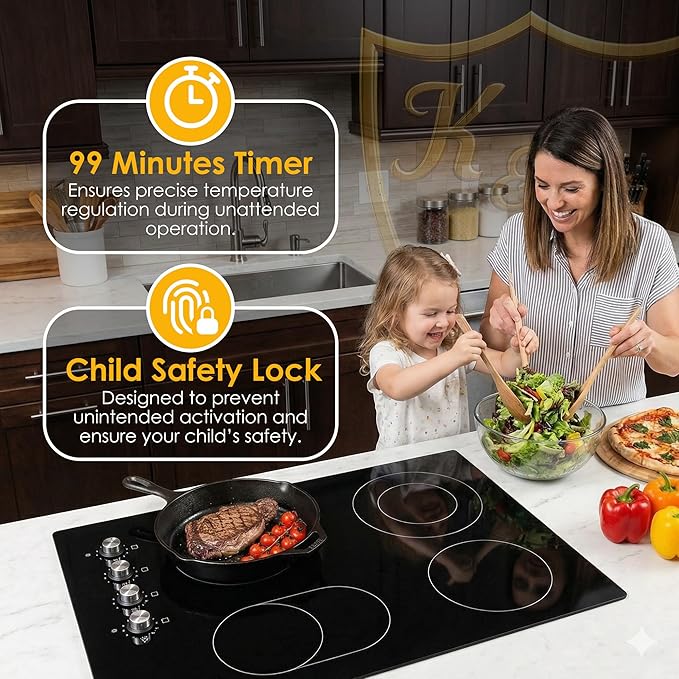 K&H 4 Burner Electric Cooktop - 30 Inch Built-In Radiant Ceramic Stove Top with 11 Power Levels & Knob Control, Compatible with All Cookware, 240V, 7200W High-Power Built-in Electric Stove, CE30-7206K