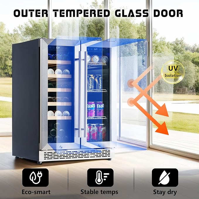 Jocisland Beverage Refrigerator, 24-Inch Dual Zone Fridge Cooler with Glass Door, Built-In or Freestanding for Wine and Beer, Holds 20 Bottles & 78 Cans, 34–64℉ & 41–68℉ for Kitchen, Bar, Office